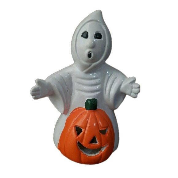Halloween Ghost Pumpkin Ceramic Candle Holder Jack O'Lantern Vintage No Box - Picture 1 of 15